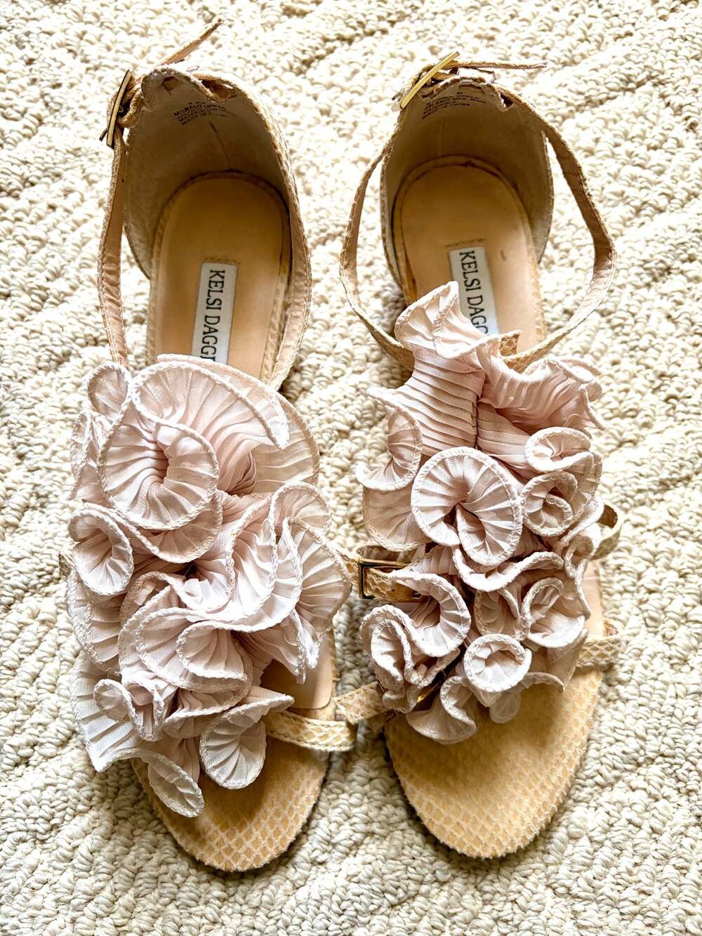 Kelsi Dagger Beige Ruffled Ankle Strap Wedge Sandals